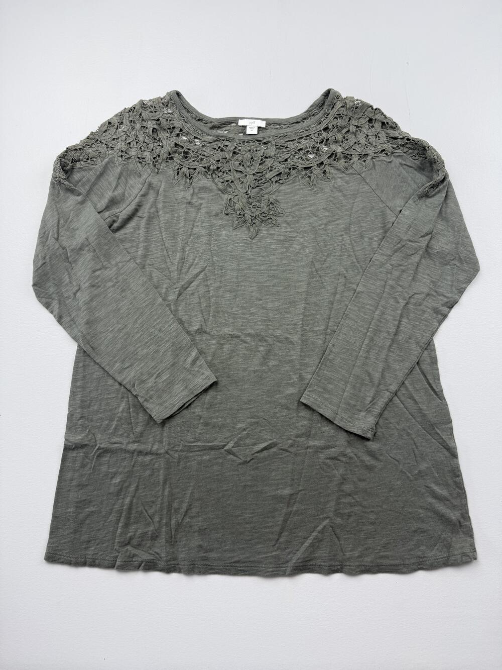 J. Jill Blouse Womens M Green Round Neck Long Sleeve Crochet Tunic Jersey Top